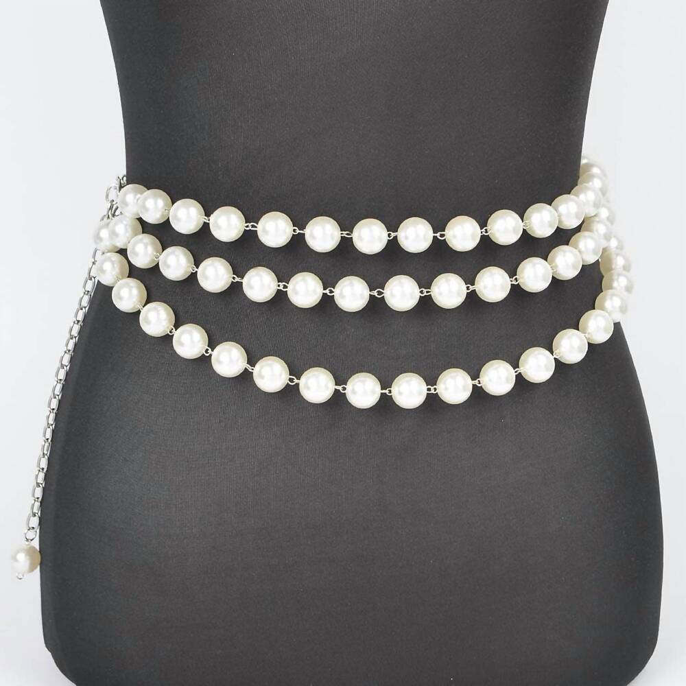 NEW 3AM BY H&D ACCESSORIES women's multi-layered faux pearl chain belt in cream/